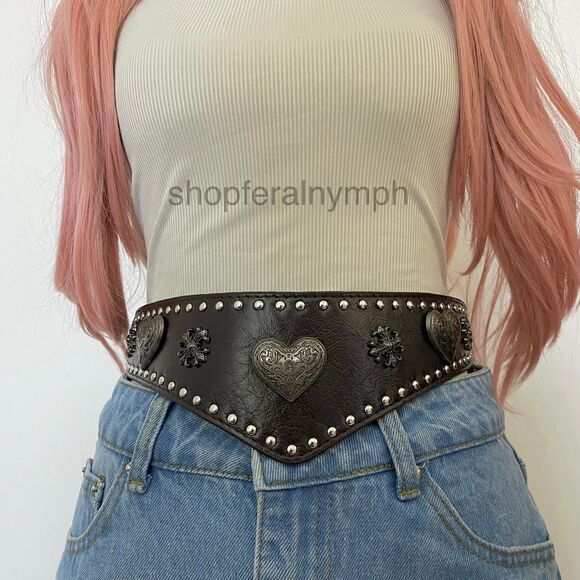 Unbranded Accessories - Dark Brown Y2K Western Heart Studded Corset Cinch Belt, Fits 27 Inches, X7GA1489